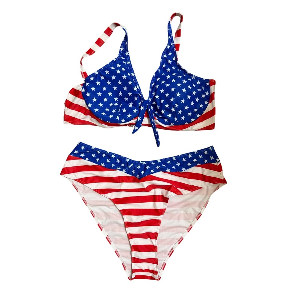 SHEIN American Flag Bikini Set 3XL Womens Stars Stripes High Waist Swimsuit NEW